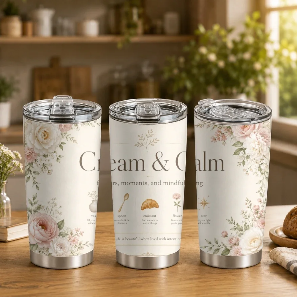 Neutral Soft Floral Quote Prints Vacuum Flasks 20oz Coffee Tumbler With 2 Lids & Straw Stainless Steel Vacuum Insulated Mug