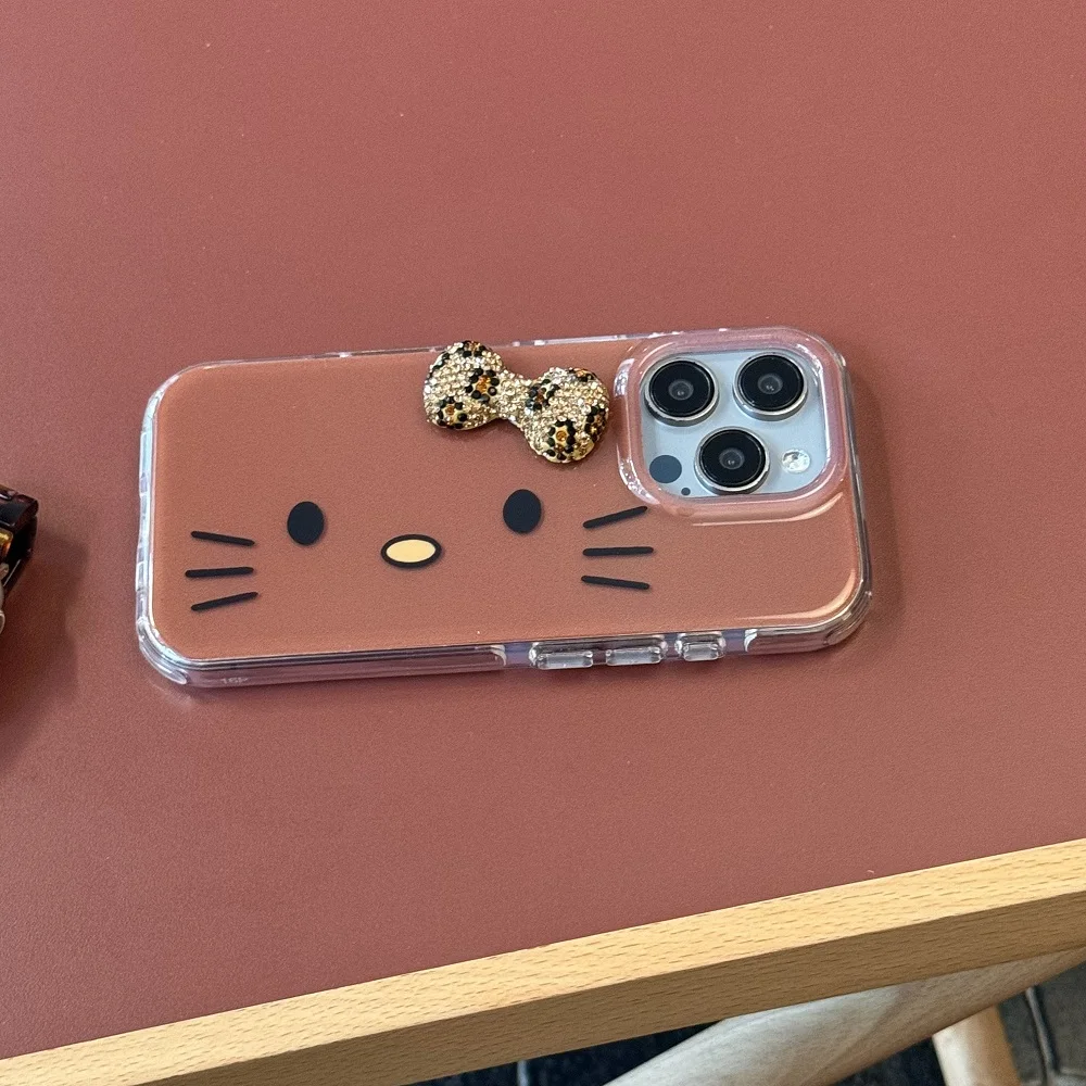 Brown skin Cats Kitten Gold Diamond Bowknot Glitter Phone Case For iPhone 17 16 15 14 13 Pro Max 16 Plus Silicone Soft Cover﻿