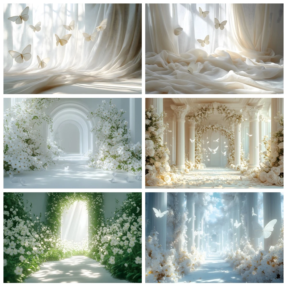 

Wedding Backdrop for Photography Window White Curtains Butterfly Kids Adults Maternity Bride Portrait Art Photo Background Decor
