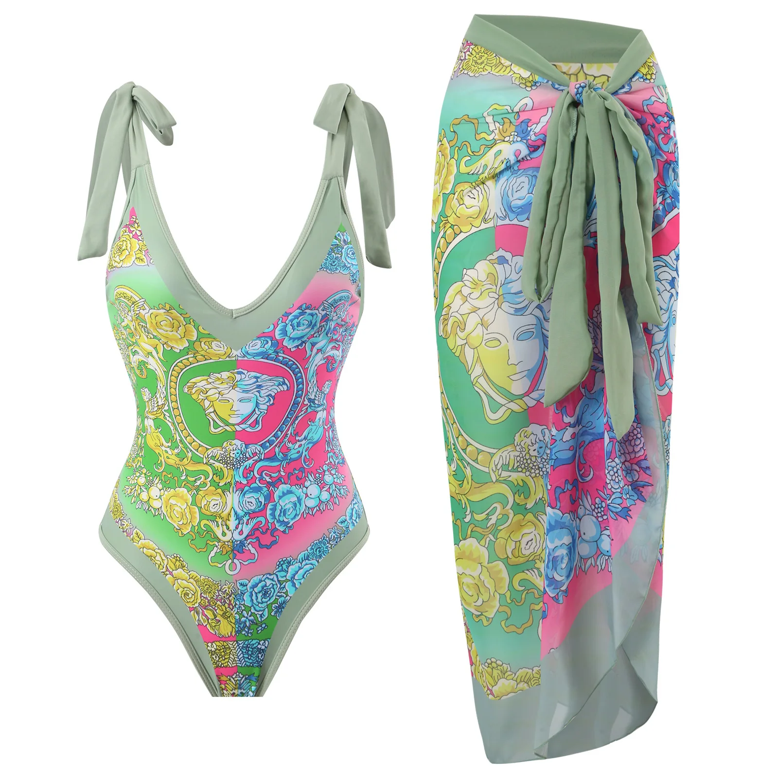 2025 New Floral Print One Piece Swimsuit with Cover Up Set Retro V-Neck Brazilian Beach Bathing Suit for Women