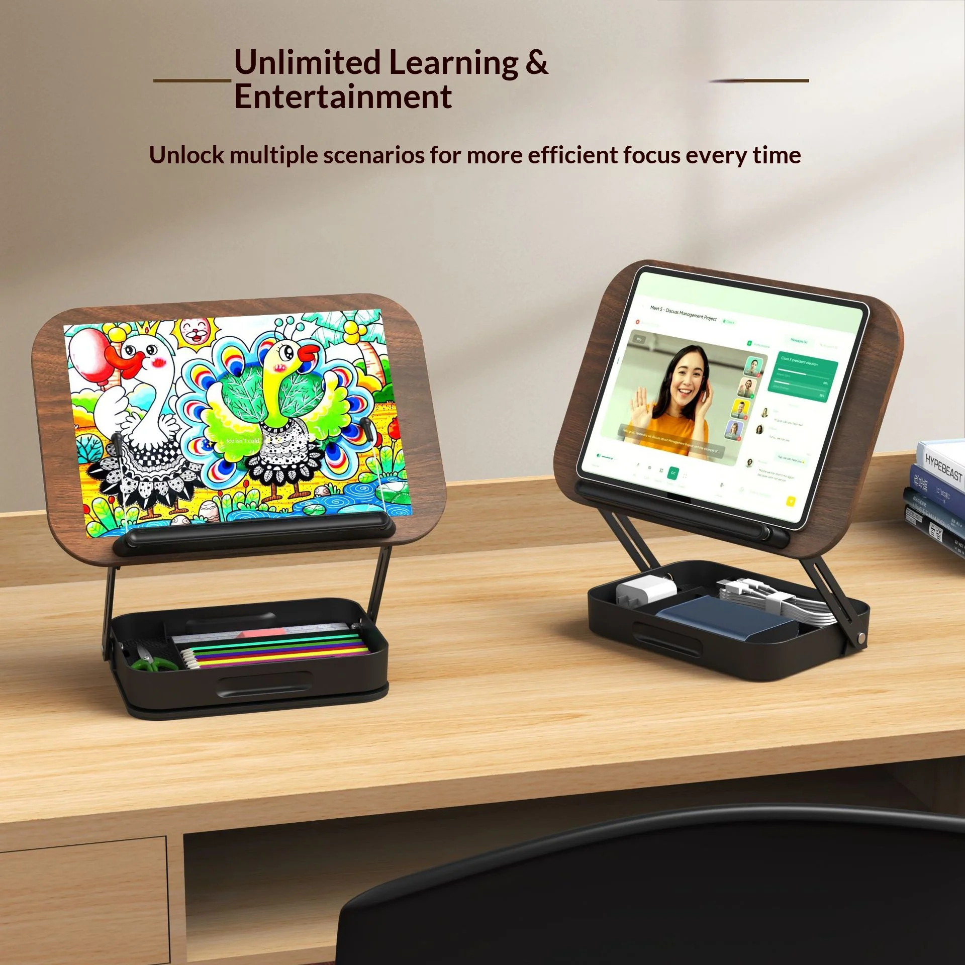 Reading Books Holder Desktop Book Laptop Stand with 360° Rotating Base Wooden Panel & Page Clips Foldable and Angle for Textbook