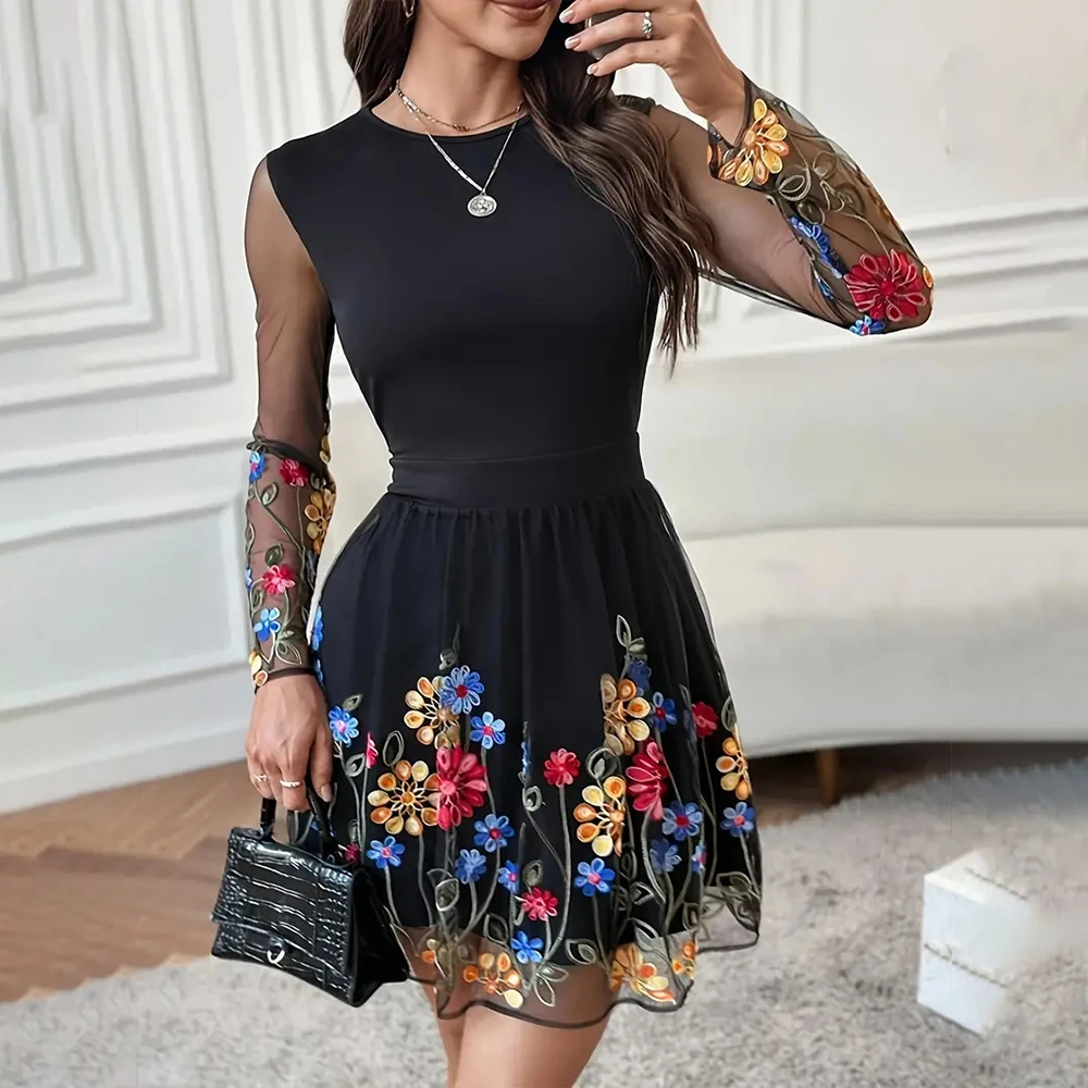 Women Dresses 2024 Autmn Floral Embroidery Mesh Patch Long Sleeve Casual Dress Prairie Chic Lady Mini Dress M XL XXL