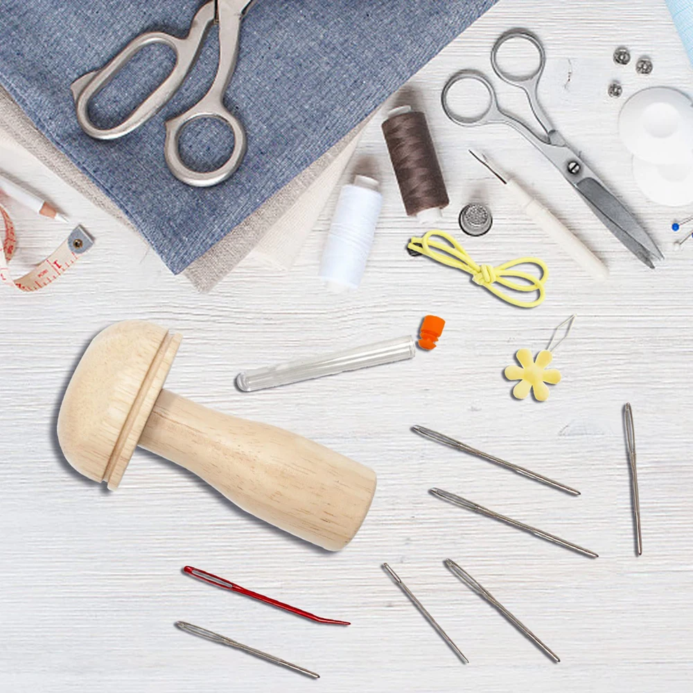 1Set Wooden Darning Mushroom Needle Thread Kit DIY Hand Sewing Darning Socks Clothes Embroidery Tool Accessories