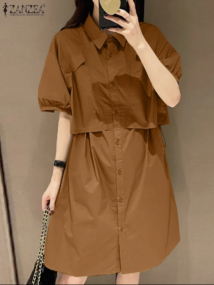 

2024 ZANZEA Summer Knee-length Sundress Solid Party Holiday Vestido Robe Femme Women Fashion Lapel Neck Short Sleeve Cargo Dress