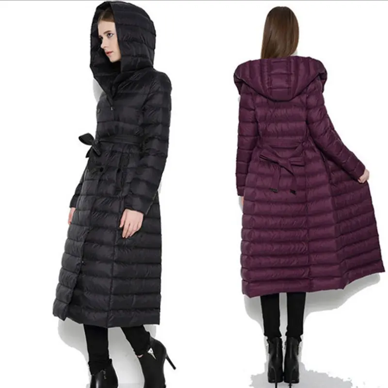 Imagem -03 - Inverno Feminino para Baixo Jaquetas Feminino com Capuz Quente Parkas Longo Estilo Senhoras Cabolsas Gravata Cinto Engrossar Outerwear Engrossar Blusão