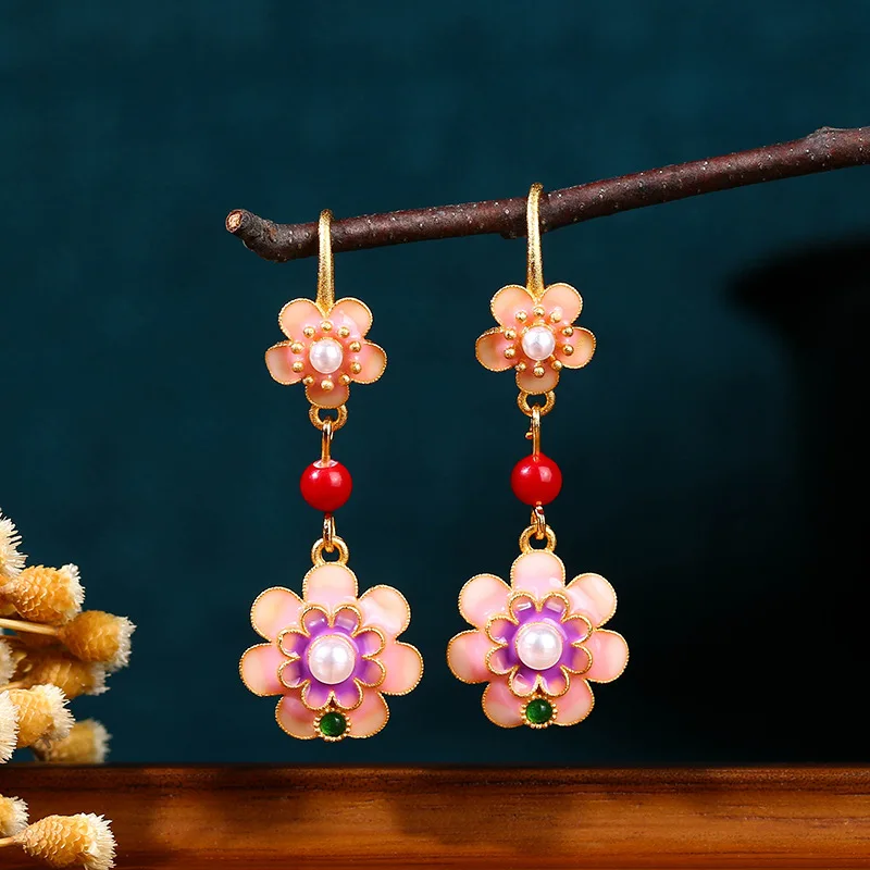 

New Chinese style beaded long tassel earrings with hollow flower buds, jade pulp, camellia flower, pearl earrings