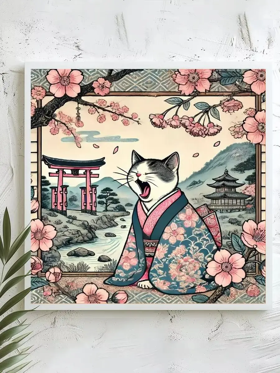 1 Stück 40x40 cm/15,74 Zoll, 11Ct/14Ct Kreuzstich-Set, DIY Valentinstagsgeschenk, Stickerei-Set für Festlichkeiten, Sakura-Katze-Kimono – Detail 1