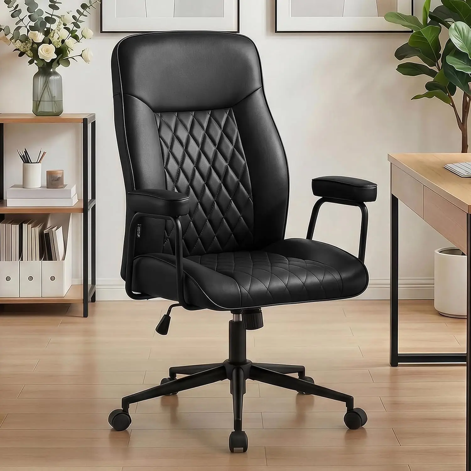 Leather Office Chair Mid-Back Swivel Lumbar Support Adjustable Computer Chair Wheels & Arms Home Office Black, Customized