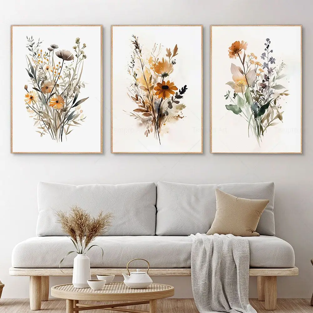 Boho Neutral Aquarell Wildblumen Druck Floral Leinwand Malerei Poster Druck Wand Kunst Bilder für Wohnzimmer Moderne Wohnkultur