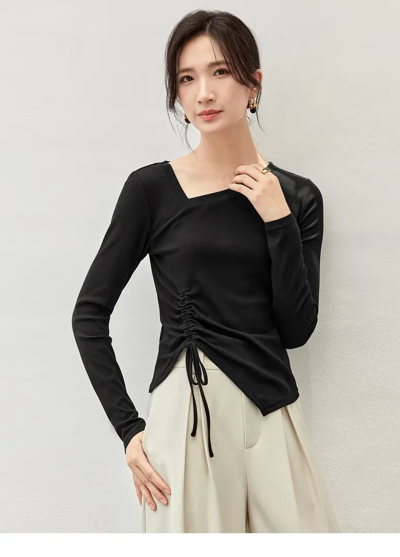 SENTUBILA Irregular Shirring T Shirt for Women 2024 Autumn Cotton Slim Fit Skew Collar Knit Tops Solid Black Tees 143T56834