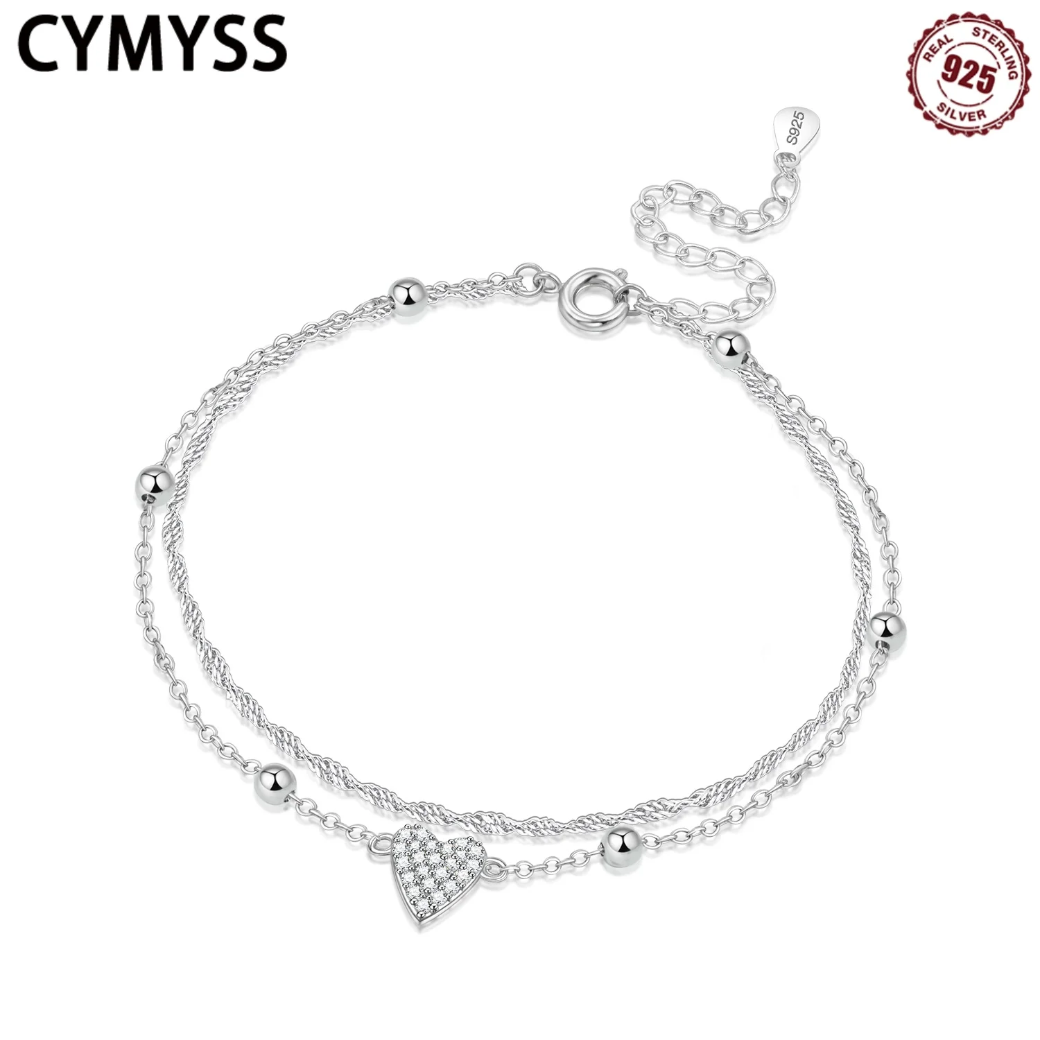 

CYMYSS 2025 New 925 Sterling Silver Zircon Double Layer Love Woman Anklet Boutique Birthday Party Gift Jewellery Women's Anklet