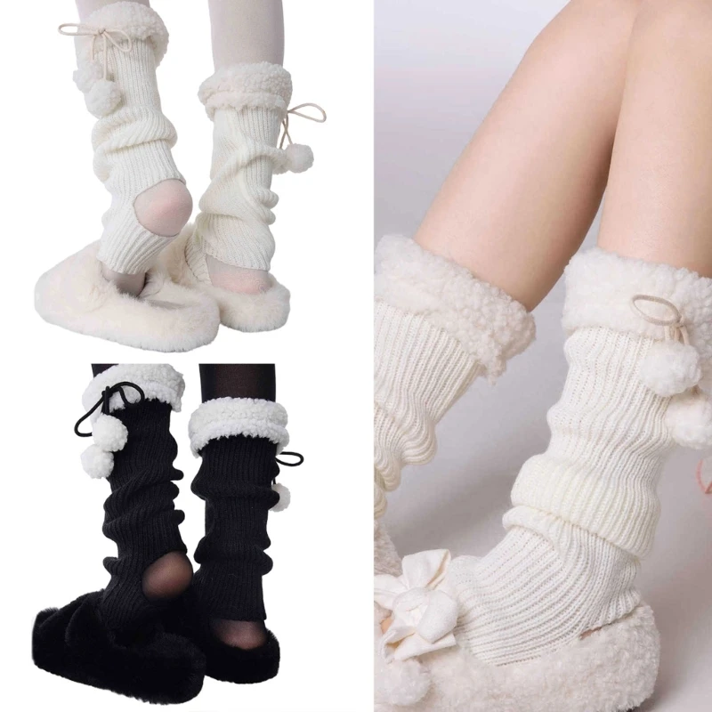 

Stirrup Leg Warmers for Women Girls Plush Ball Knitted Leg Sleeves Winter Warm Ankle Heap Socks Lolitas Foot Covers