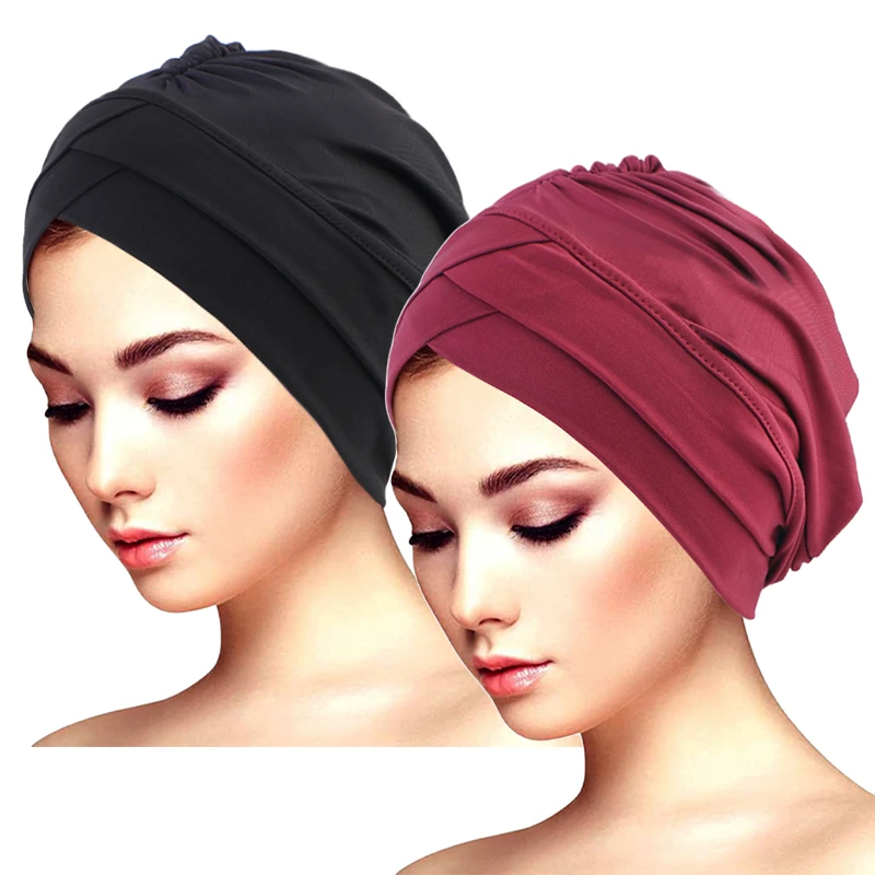 2 TEILE/LOS Klassische Plissee Turban Hut Elegante Einfarbig Kopf Wraps Kopftuch Atmungsaktive Elastische Mützen Chemo Kappe – Detail 4