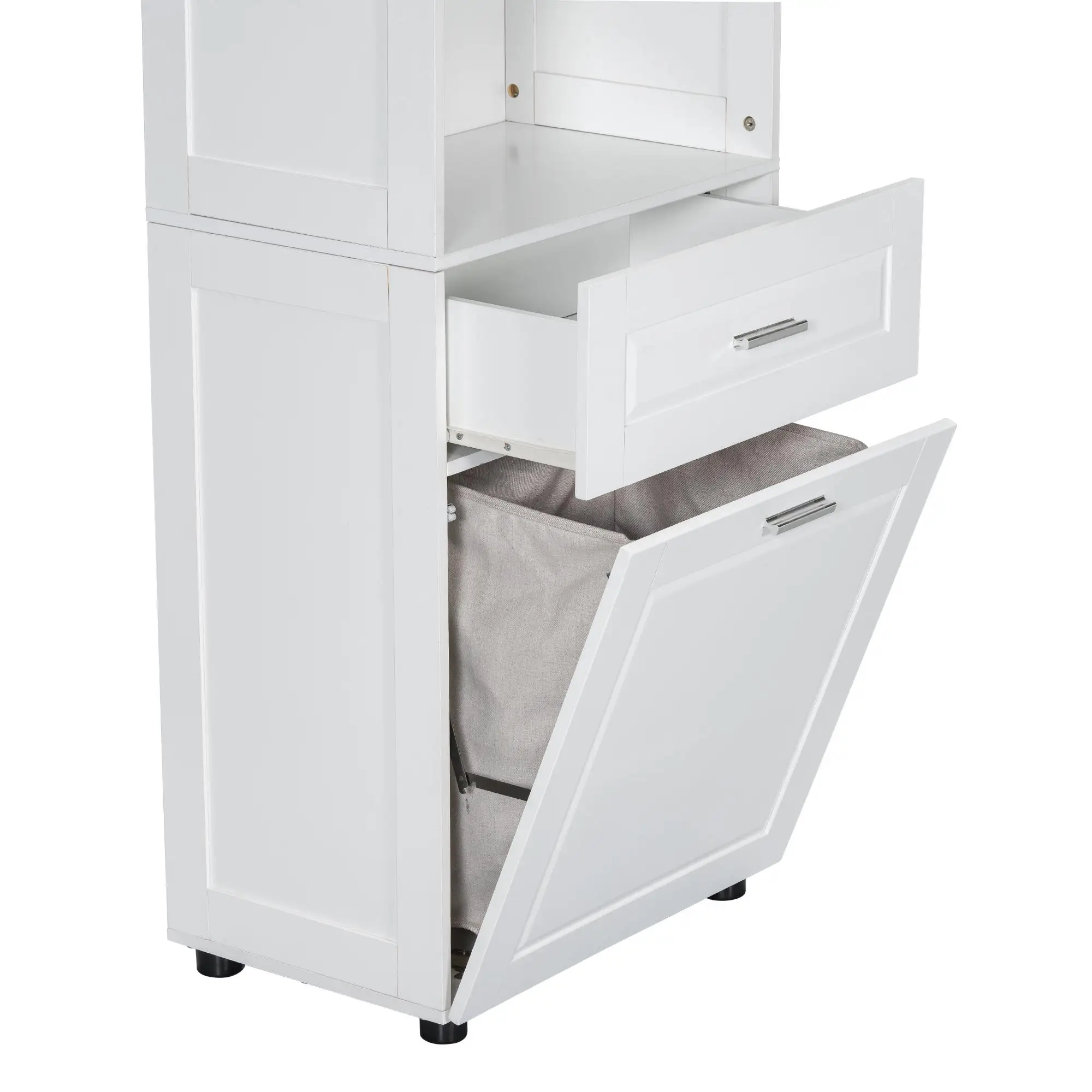 White Tall Bathroom Cabinet with Tilt-Out Laundry Hamper & Ample Storage Space – Stylish Organizer for Bathrooms