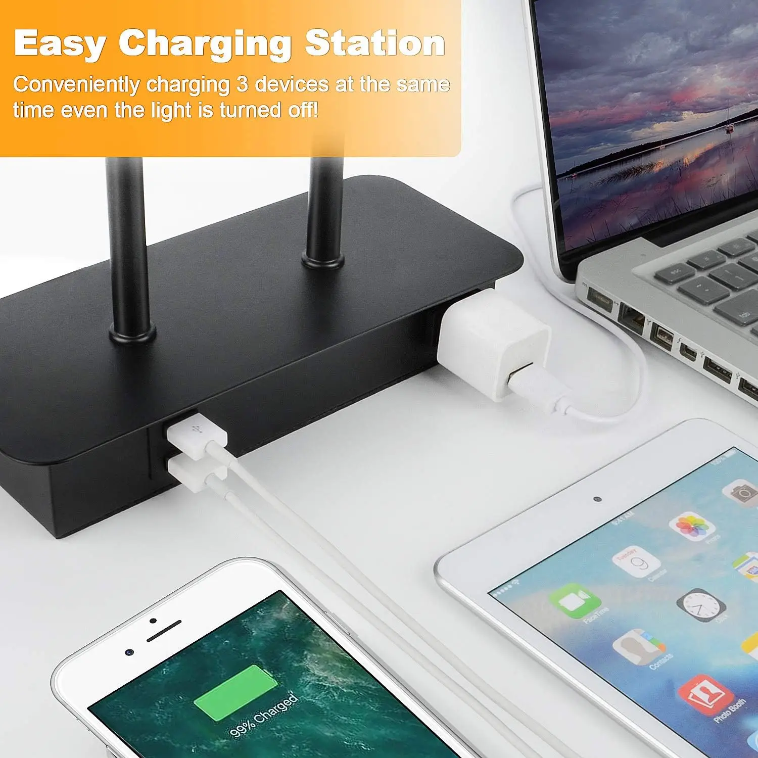 3-Way Dimmable Touch Table Lamp with USB & AC Outlet, Fabric Shade, Metal Base, LED Included, Warm White