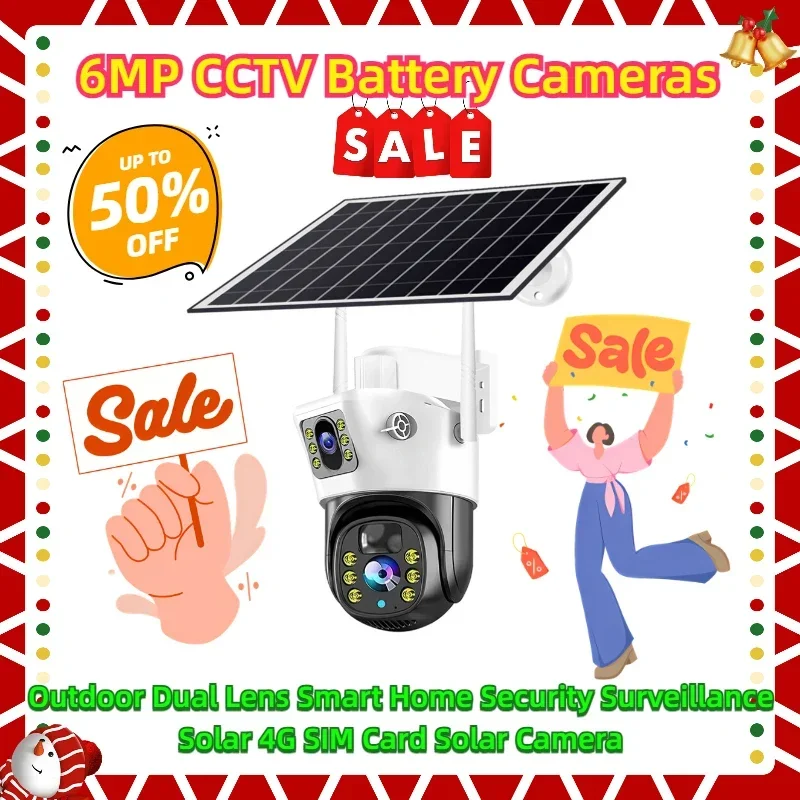 

6MP CCTV Battery Cameras Outdoor Dual Lens Smart Home Security Surveillance Solar 4G SIM Card Solar Camera WiFi IP Camera