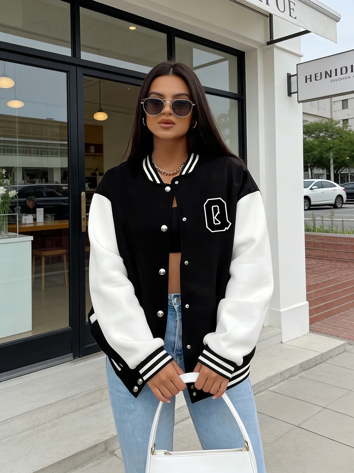 Women Oversized Varsity Jacket Letter Q Print Long Sleeve Button Front Bomber Jacket Casual Streetwear Outerwear Spring Autumn