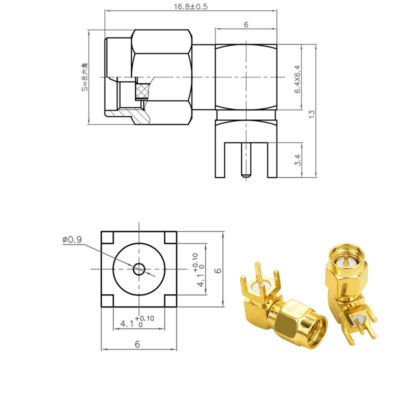 5 Stück SMA-Stecker rechtwinklig für Leiterplatten, 4-polig, Lötanschluss, 90 Grad, RF-Koaxialadapter – Detail 2