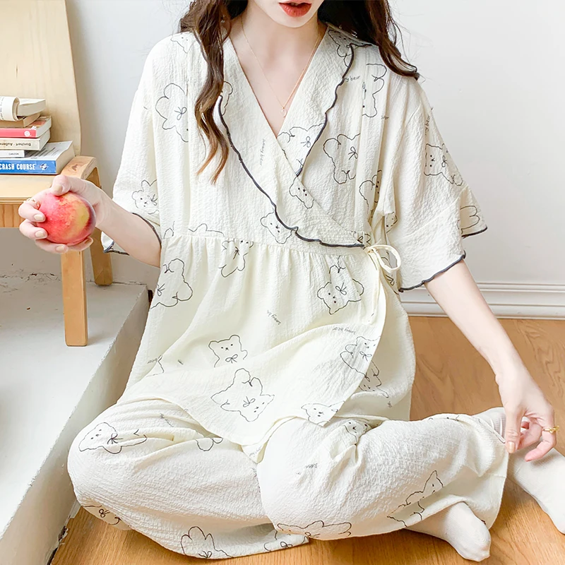 

Summer Thin Cool Cotton Maternity Nursing Sleepwear Sets Short Sleeve Feeding Tops Belly Pants Pajamas Pregnancy Sleep Home Wear