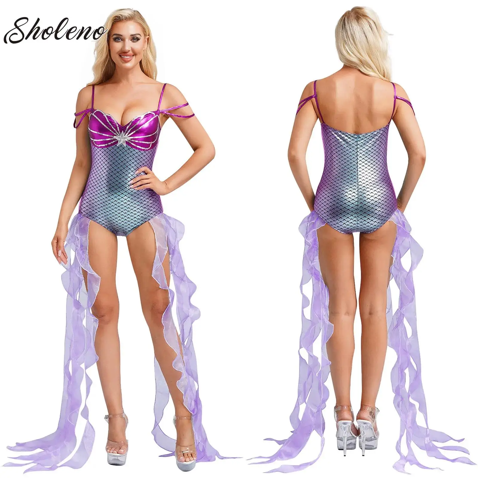 

Anime Sexy Mermaid Princess Costumes Adults Women Halloween Mermaid Masquerade Dress Up Fancy Tulle Ruffle Ribbons Bodysuit