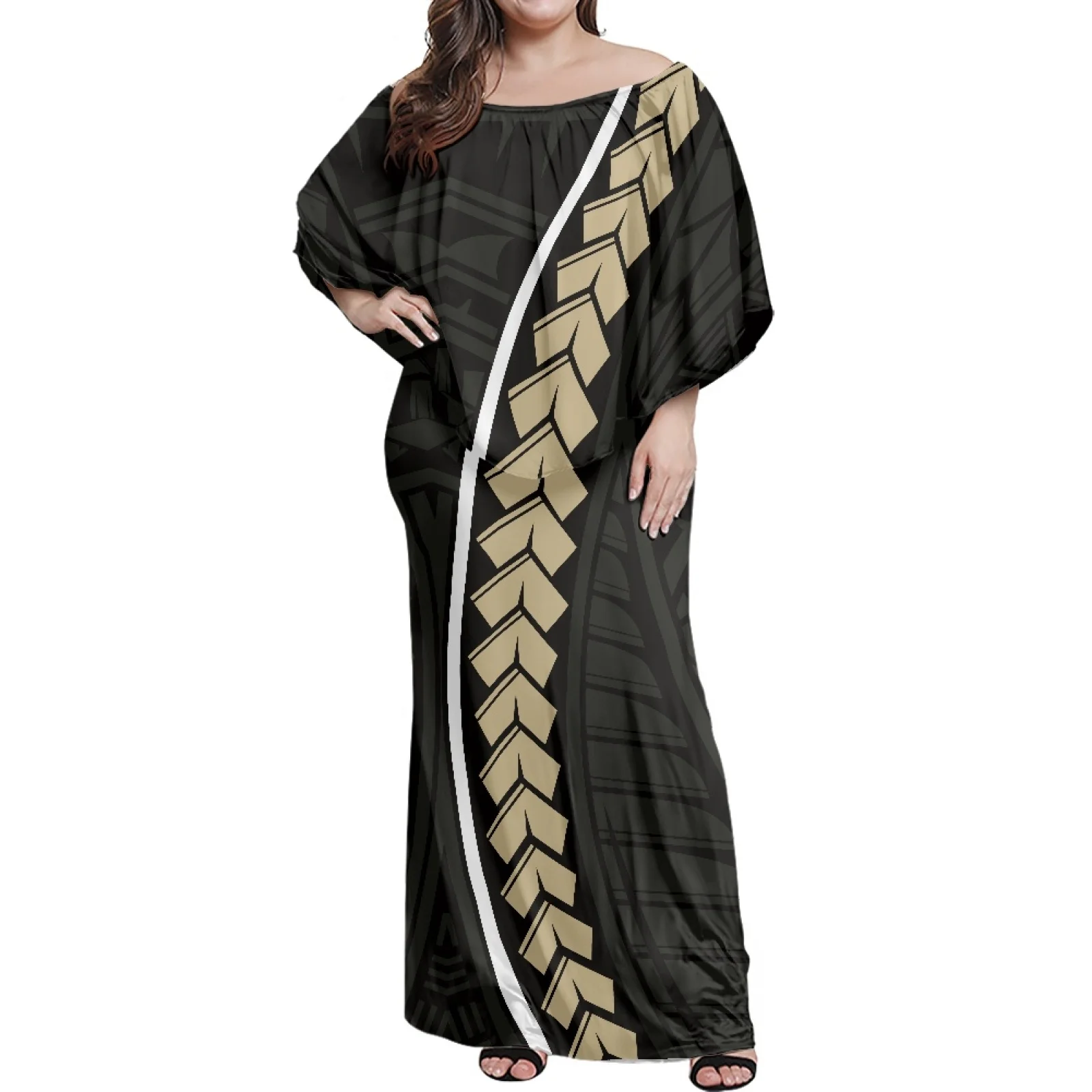 

Samoan Tribe With Shawl Wome Ponchos Dress Winter Hawaiian Tattoo Print Women Dress Off The Shoulder Maxi Evening Gown