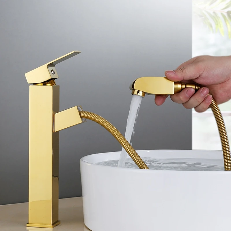 German all-copper gold pull-out faucet telescopic rotatable shampoo height single hole hot and cold