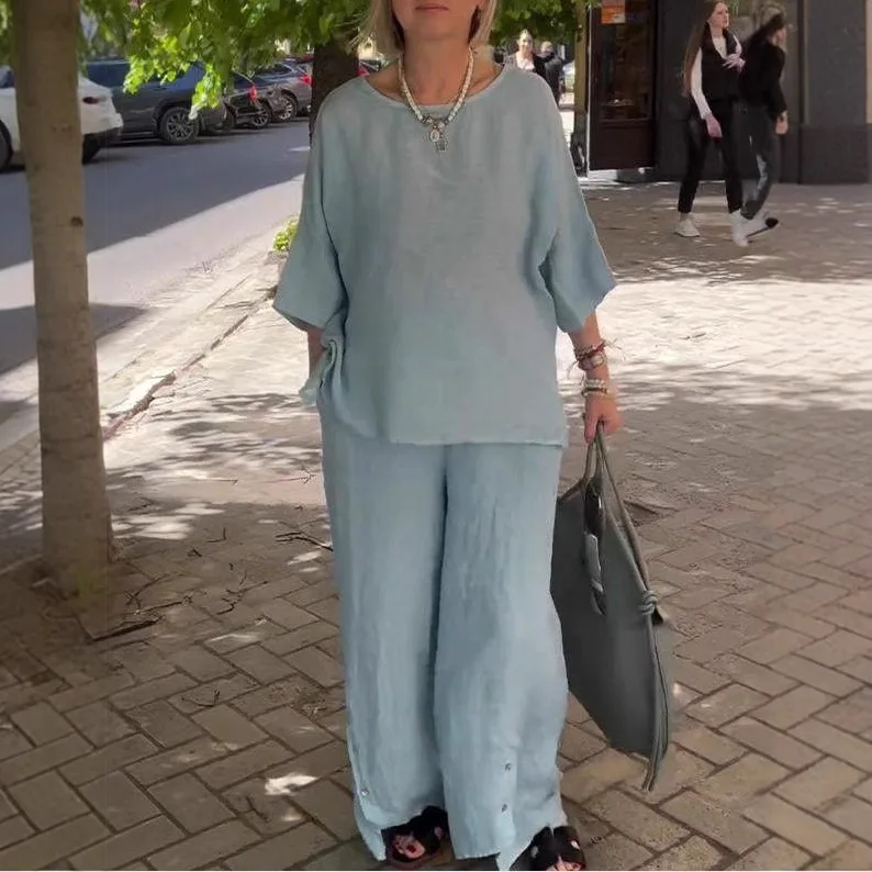 

New Spring Women's Cotton and Linen Blended 2-piece Sets O-neck 7-quarter Sleeve Top Versatile Elastic Waist Wide-leg Pants Suit