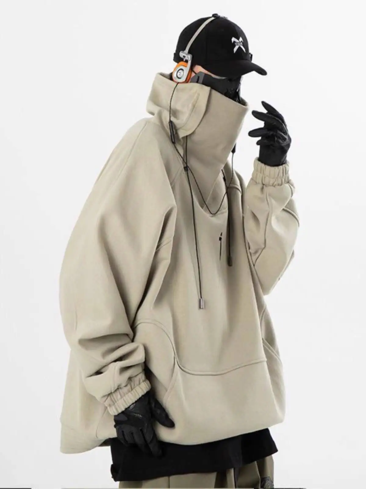 Autumn Winter 300lbs Plus Size Men's Street Dance Hip Hop Turtleneck Techwear Hoodie   Long Sleeve Loose Stand Collar