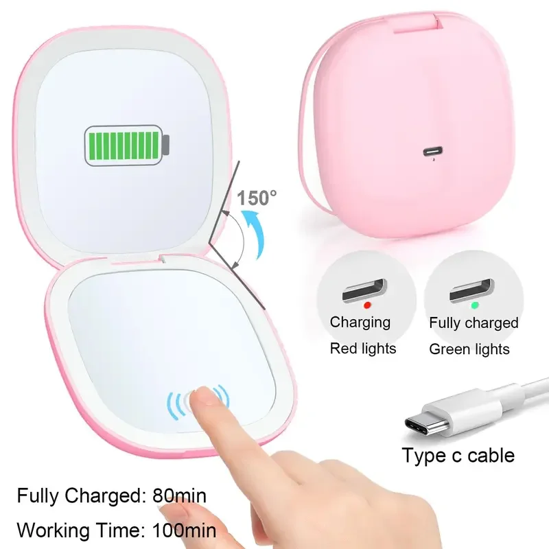 Kompaktowe lusterko do makijażu LED 4 cale powiększenie 1X/5X lusterko podróżne dwustronne podświetlane kompaktowe lusterko z możliwością ładowania przez USB