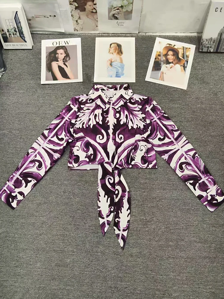 Conjunto de camisa curta com lapela estampada geométrica retrô para outono 2025 roupas femininas + saia evasê de cintura alta conjunto de moda