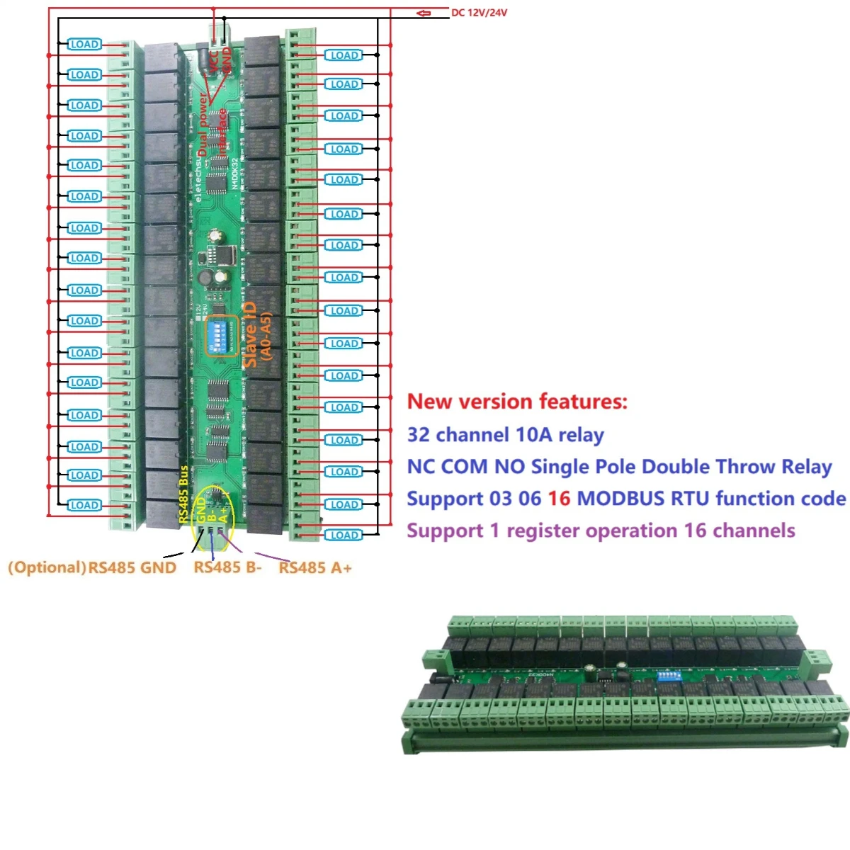 

32ch 03 06 16 MODBUS RTU DC 12V 24V RS485 SPDT Relay Board 485 Bus Remote Control Switch for LED Motor PLC PTZ Camera Smart