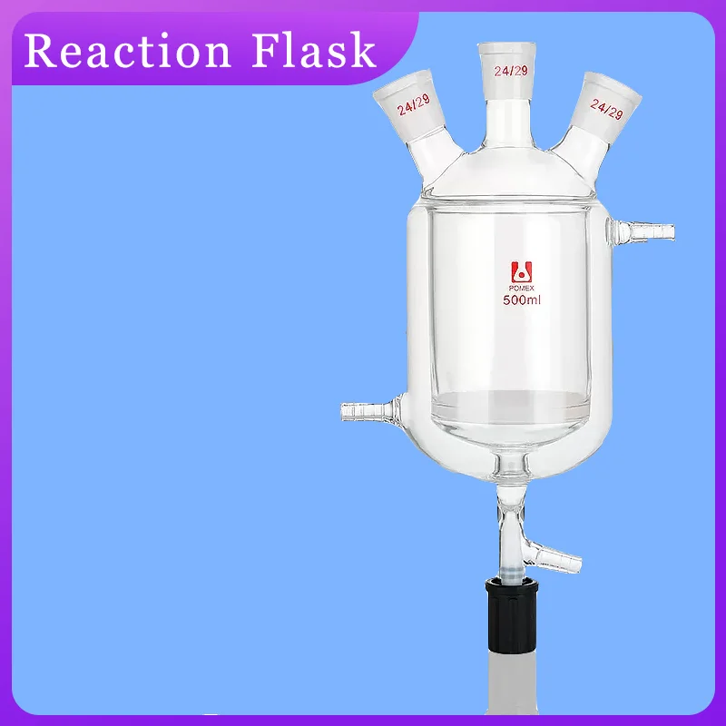 Lab 100-2000ml Borosilicate Glass Three Mouth Jacketed Reaction Bottle Double-layer Reactor Flask with Vacuum piston