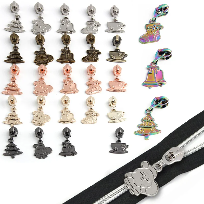 5 Stück Weihnachtskollektion Metall-Nylon-Reißverschlussziege, abnehmbare dekorative Reißverschlussschieber für Taschen