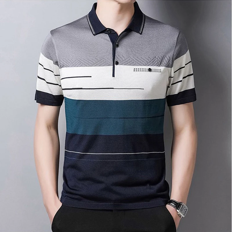 Fashion Lapel Button Spliced Printed Striped Polo Shirts Men's Clothing 2024 Summer New Loose Casual Tops All-match Tee Shirt