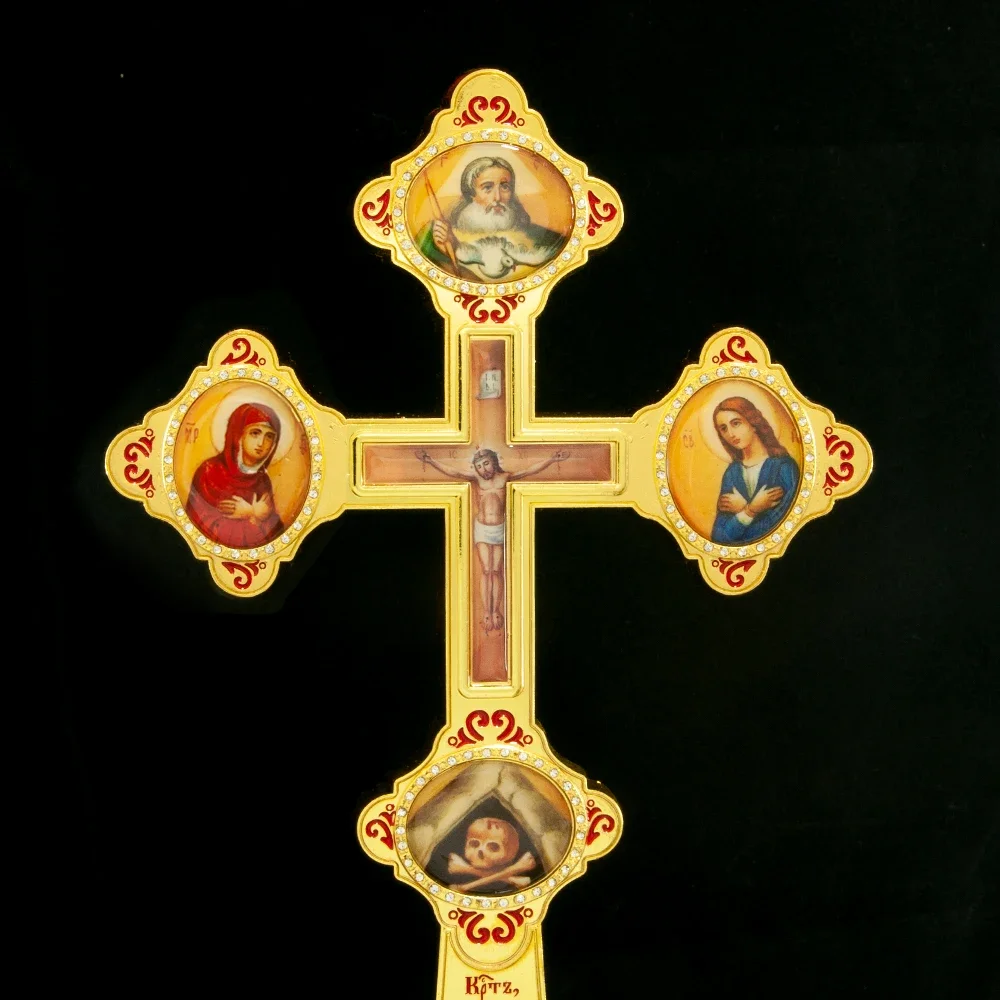HTISOK Orthodoxes Kreuz mit Jesus-Kruzifix, Jungfrau-Maria- und Johannes-Die-Baptist-Ikonen, Edelstein-Intarsien, Hochwertiges religiöses Geschenk – Detail 6