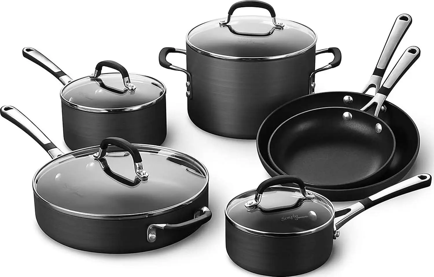 10 Piece Nonstick Kitchen Cookware Set Black Pots Pans Stay Cool Stainless Steel Handles Hard Anodized Aluminum Even Heating
