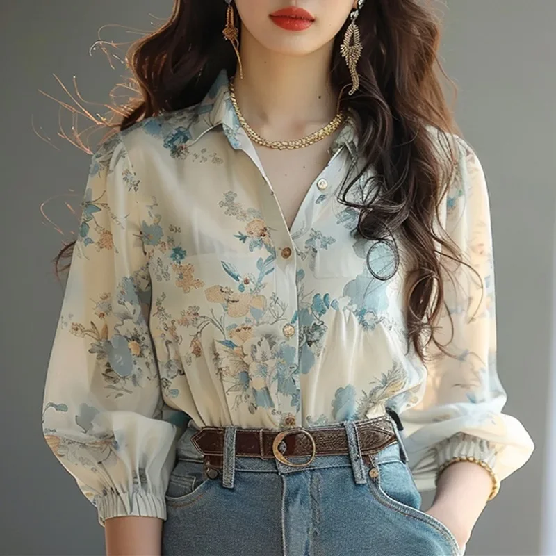 Chiffon Women\'s Shirt Spring/Summer Vintage Prints Blouses Loose Nine Quarter Women Tops Polo-neck Fashion Clothing