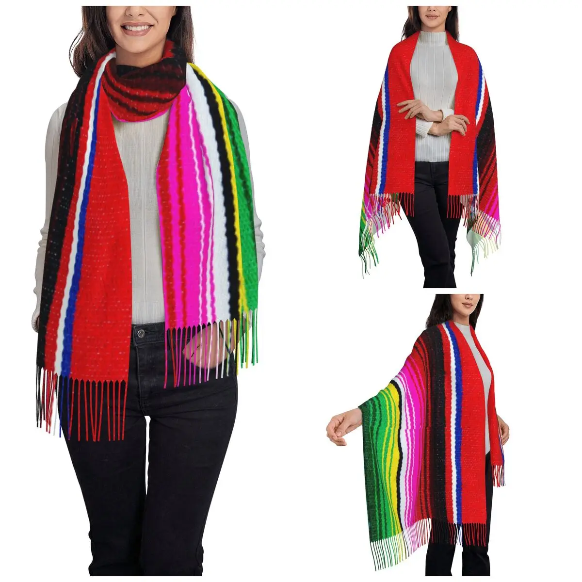 Rainbow Mexican Serape Scarf for Women Winter Fall Cashmere Shawls and Wrap Boho Long Large Scarves with Tassel for Ladies