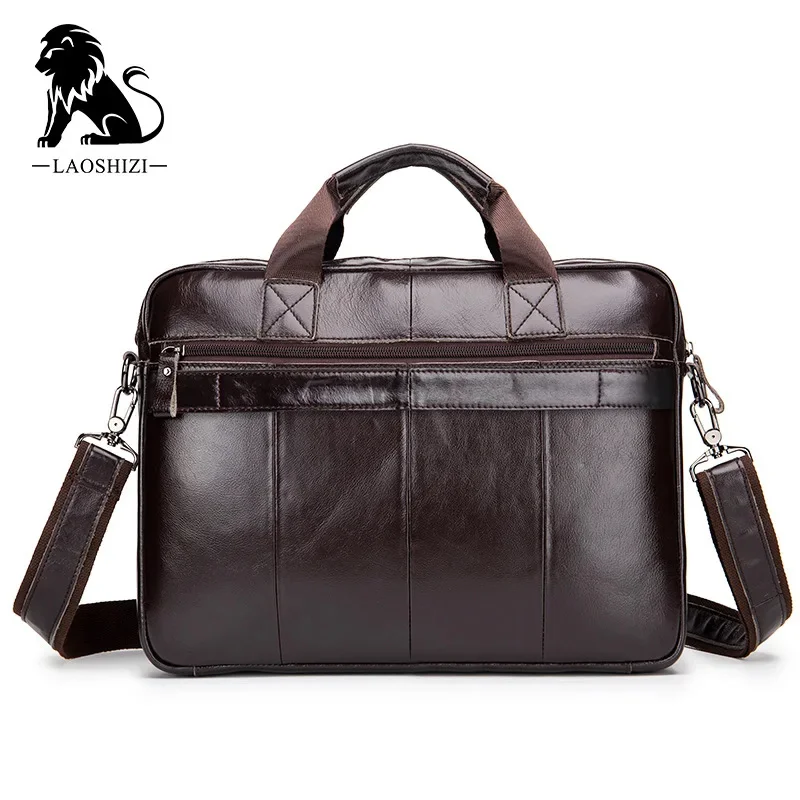 LAOSHIZI Brand Men's Genuine Leather Briefcase Messenger Laptop Business Leisure Large-capacity Handbag Crossbody Bag