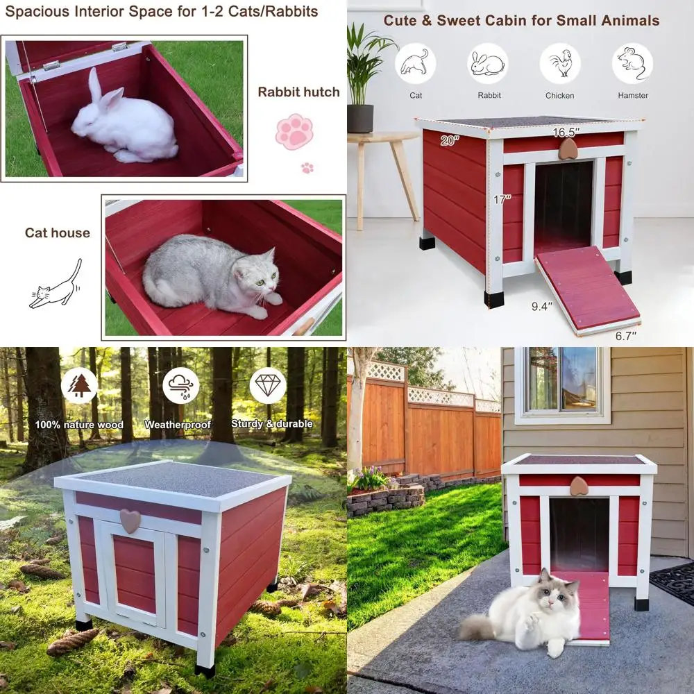 

Weather-Resistant Outdoor Cat Shelter for Feral Felines - Compact Wooden Red Pet Habitat