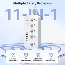 11 in 1 Power Strip, With 6 USB Charger (2 USB C), 5 AC Outlets Compact Desk Charging Station Wall Mount For Office, School