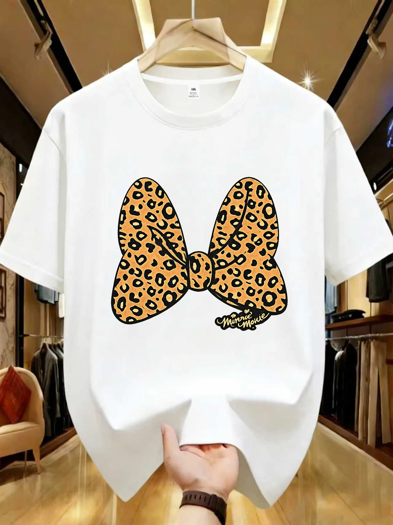 

【WDS01298】Leopard print bow print plus size women's round neck T-shirt summer casual short sleeved top street fashion versatile