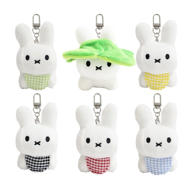 12cm New Miffy Doll Keychain Limited Edition Cute Checkered Scarf White Plush Doll Desktop Ornament Girl Gift