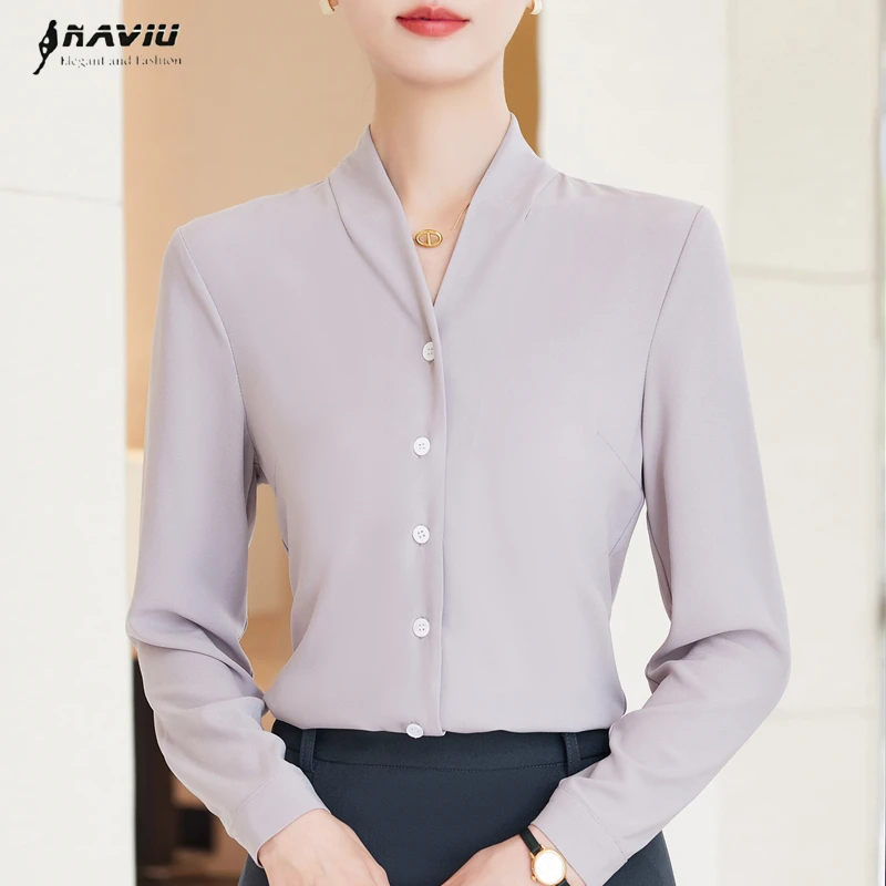 

NAVIU белая серая рубашка женская новая весенне-осенняя формальная шифоновая блузка с v-образным вырезом и длинными рукавами офисные женские рабочие топы