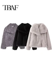 TRAF 2024 Women Fashion Warm Faux Fur Jacket Coat Female Pocket Outerwear Chic Lapel Collar Thick Coat