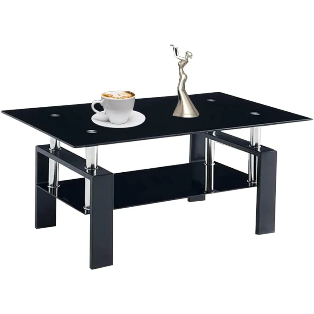 Black Modern Rectangular Glass Coffee Table, Glass Coffee Table with Wooden Legs and Storage Rack