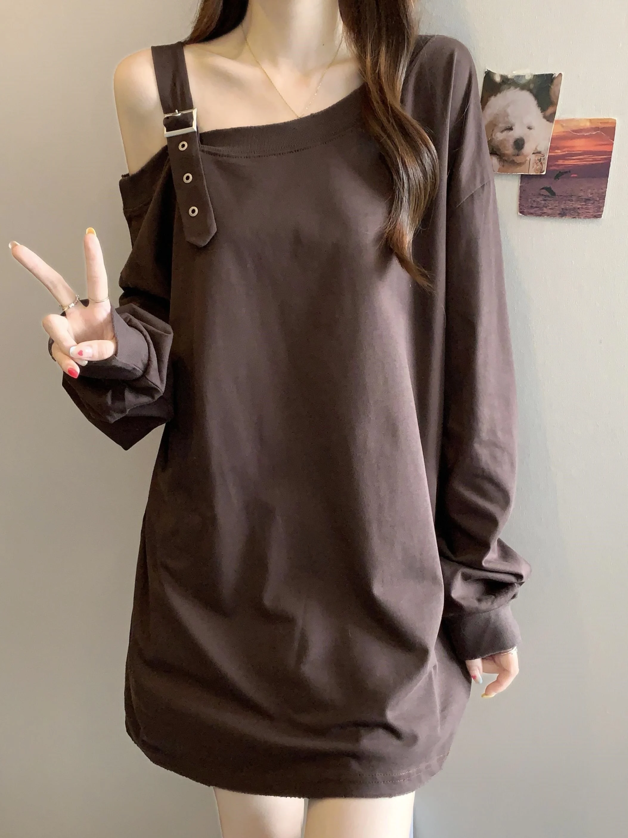 Shoulder Bared Long Sleeve T-Shirt Women's Early Autumn New plus Size Slimming mid Length Butt Covering Top Asymmetrical Comm...