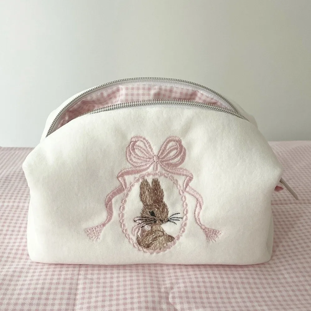 Portable Rabbit Cosmetic Bag Lace Bow Large Capacity Makeup Organizer White Pink Zipper Closure Pencil Case Women Girls