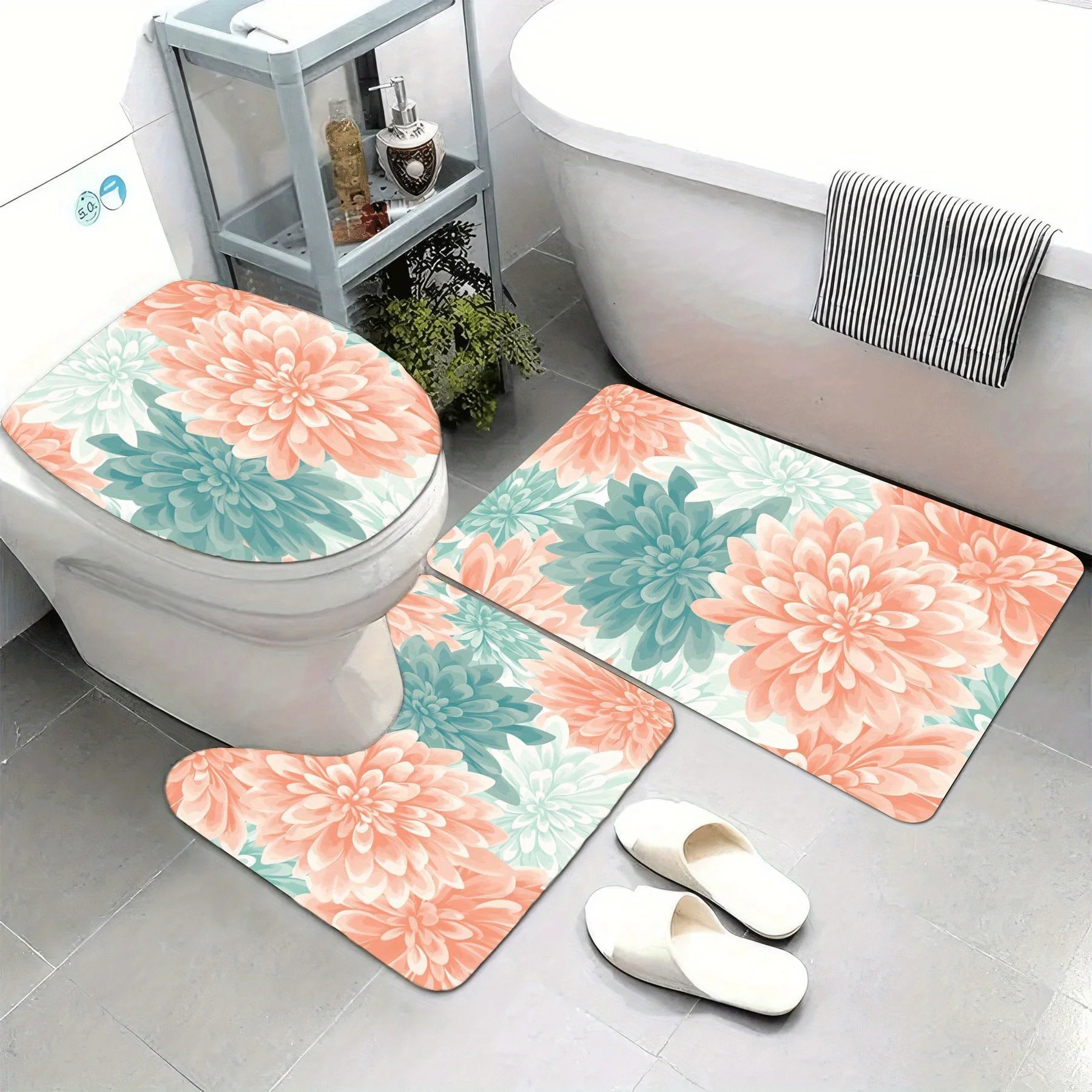 

3pcs Soft & Absorbent Plush Bath Mats Non-Slip, Washable, Comfortable, Flower Pattern Teal Blush Coral Peach Vector Seamless