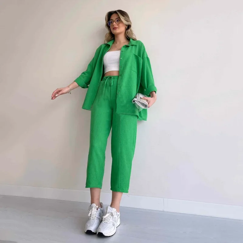 Two-Piece Set Outfits Women Long Sleeve 2023 Casual Loose Shirt Coat Cropped Sports Harem Pants Shirt Tops Trousers